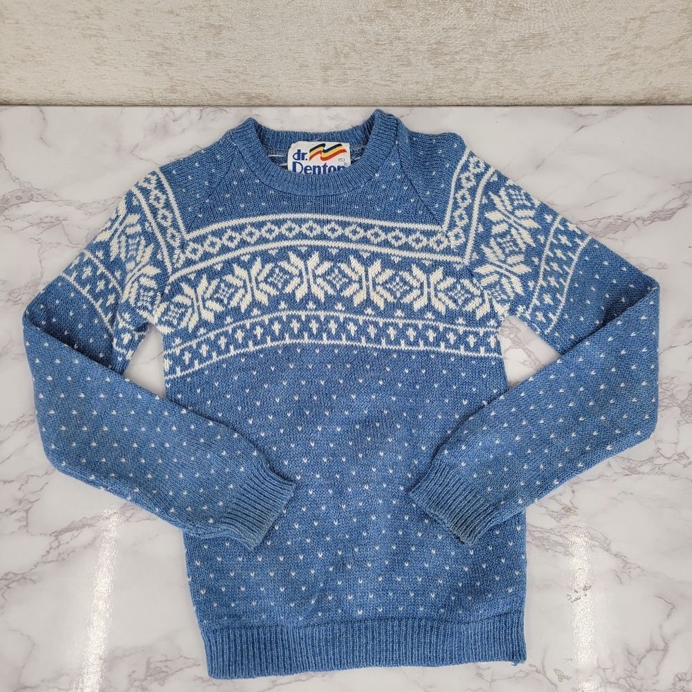 DR. Denton Vintage Kids Blue White Knit Sweater Fair Isle Winter Christmas